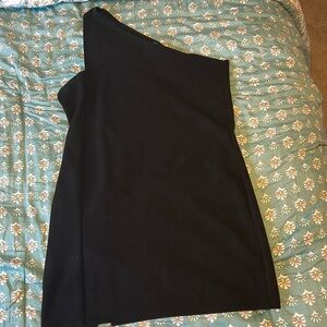 One shoulder, black mini dress
